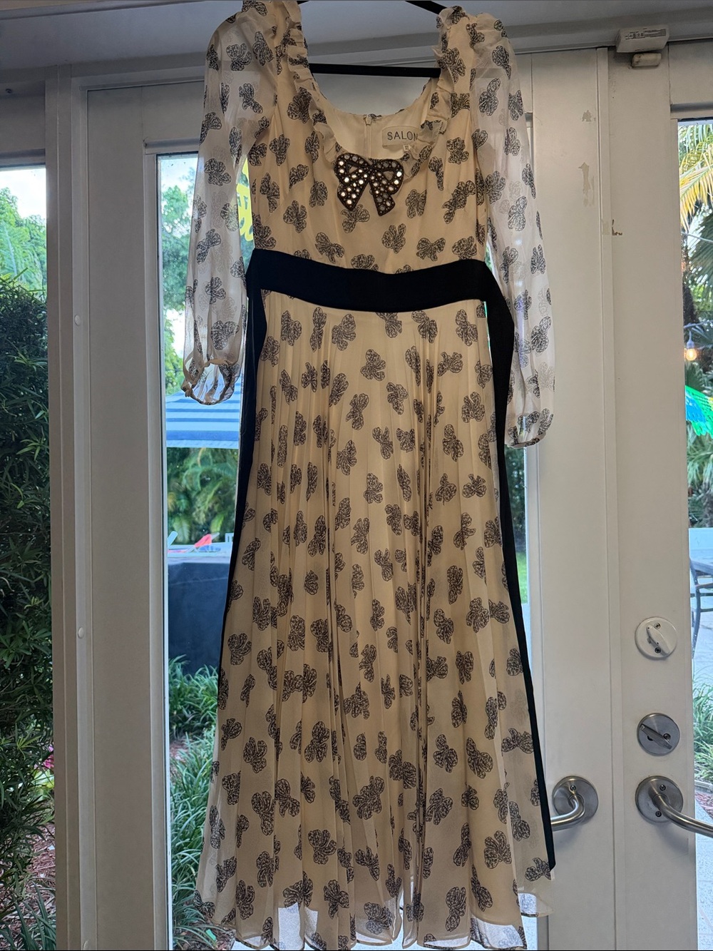 SALONI Cream Dress with Black Print and Bow Detail